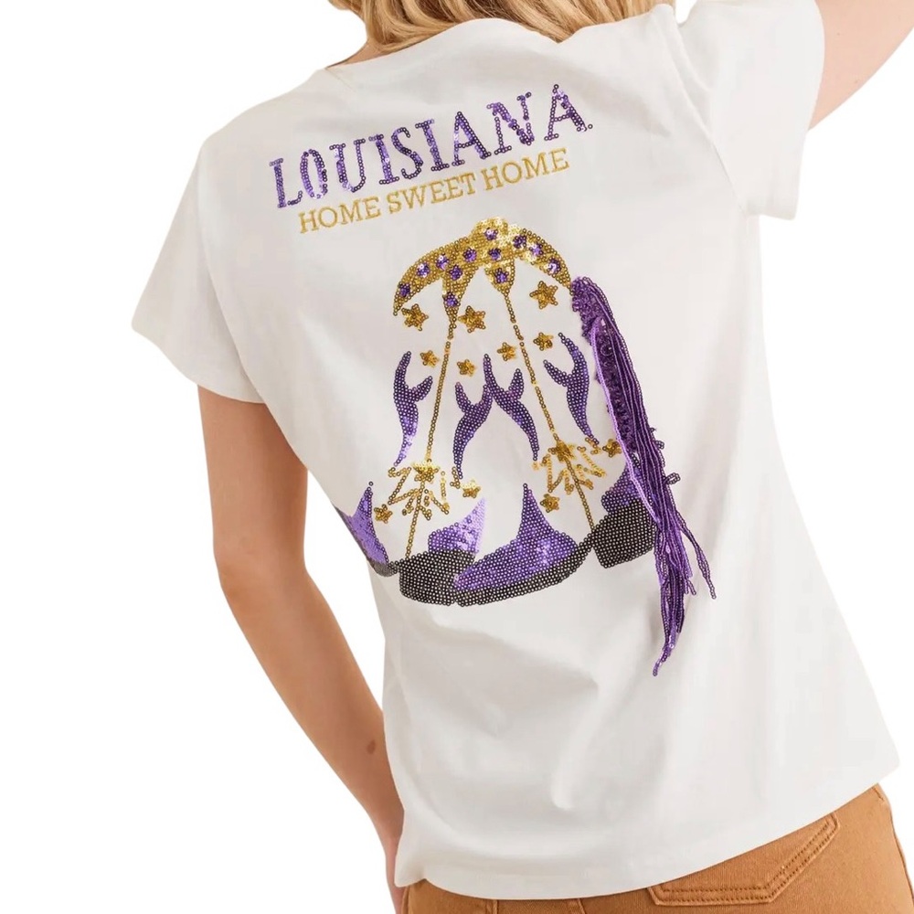 NEW blue b Louisiana Purple Gold Home Sequin Fringe Cowboy Boot White T-shirt